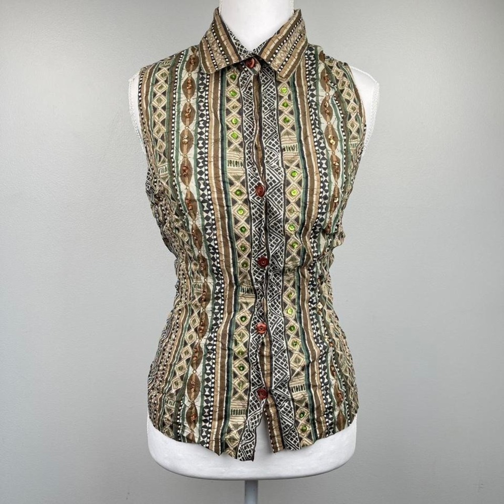 VTG Boho Sequin Sleeveless Top Retro Striped Medium 70s Hippie Summer Cotton